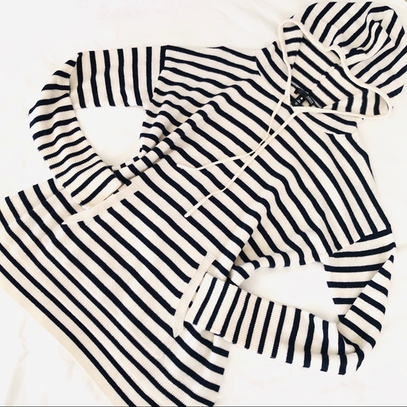 Aqua Sweaters - AQUA Cashmere Striped Hooded Sweater Navy/Ivory S